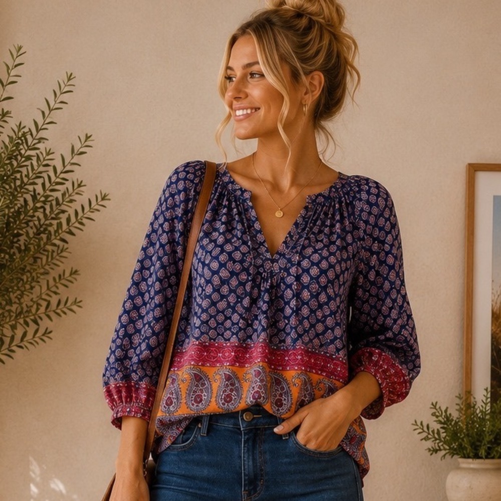 BLL New York Womens Boho Paisley Split Neck 3/4 Sleeve Peasant Blouse Blue Small